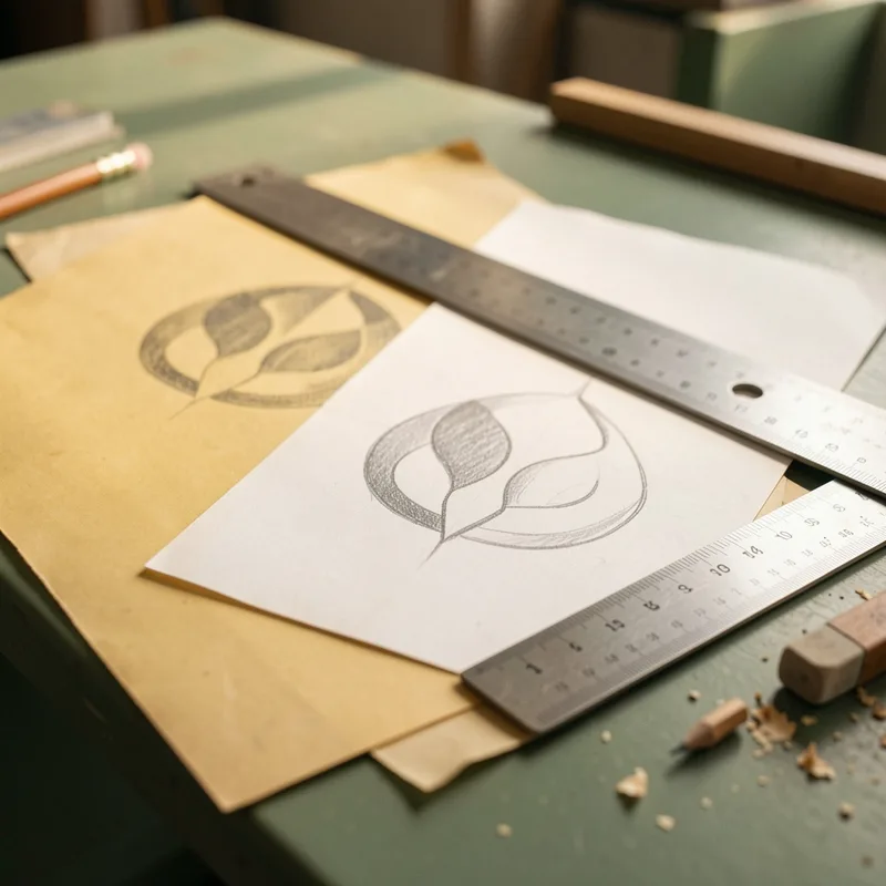 Ancien logotype imprimé posé à côté de son esquisse redessinée sur une table de graphiste