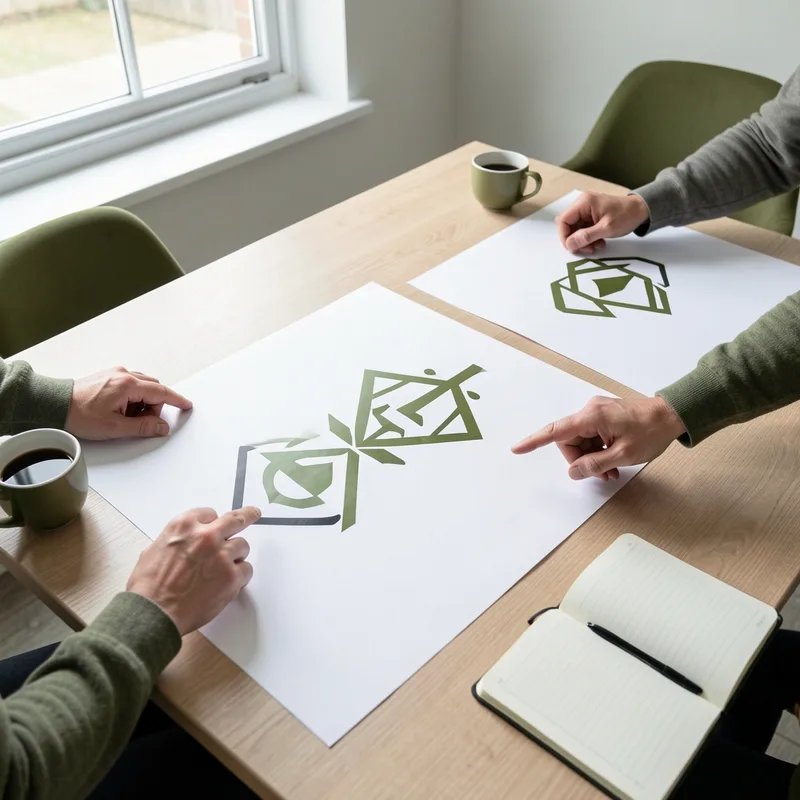 Réunion de travail autour de plusieurs propositions de logotypes imprimées