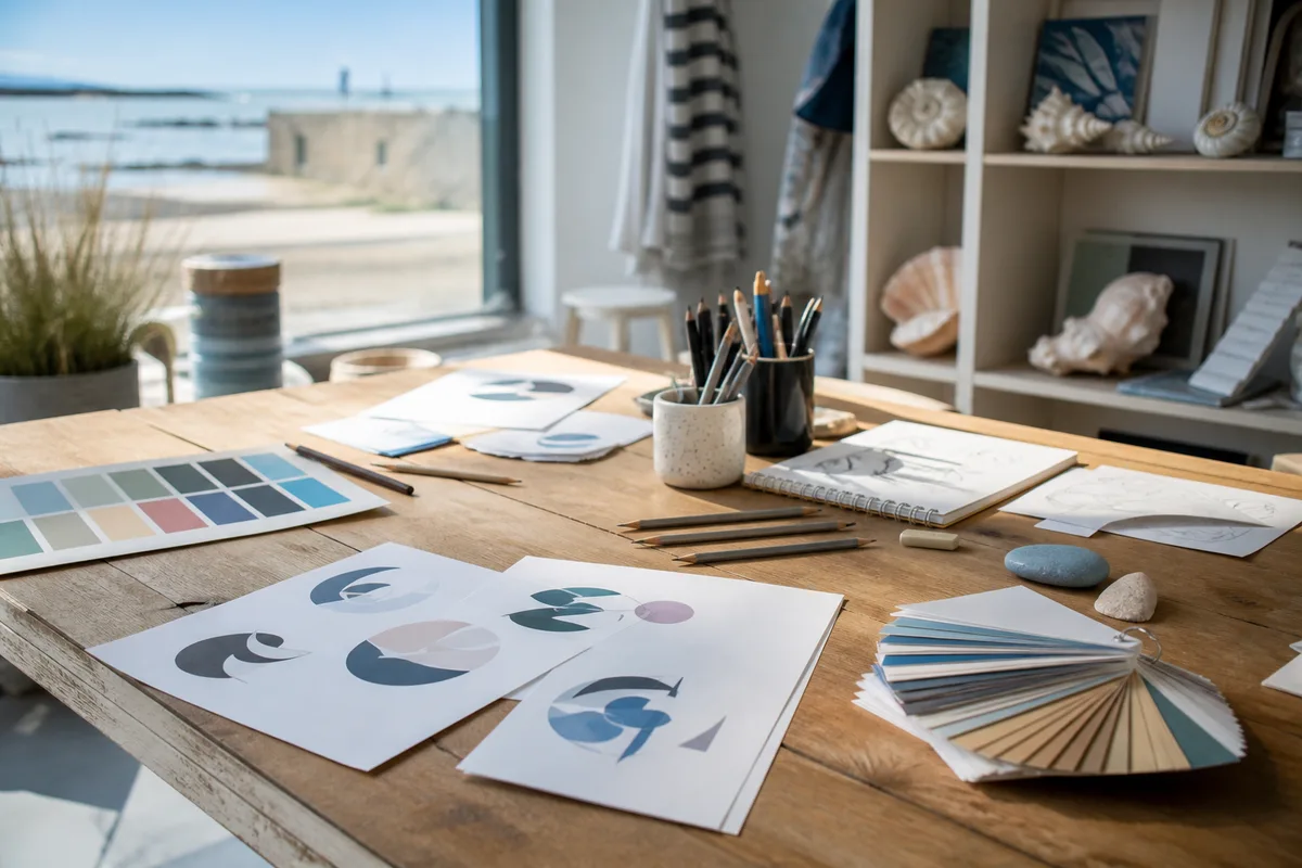 Planche de travail d&rsquo;un studio de communication avec croquis de logos et nuancier imprimé