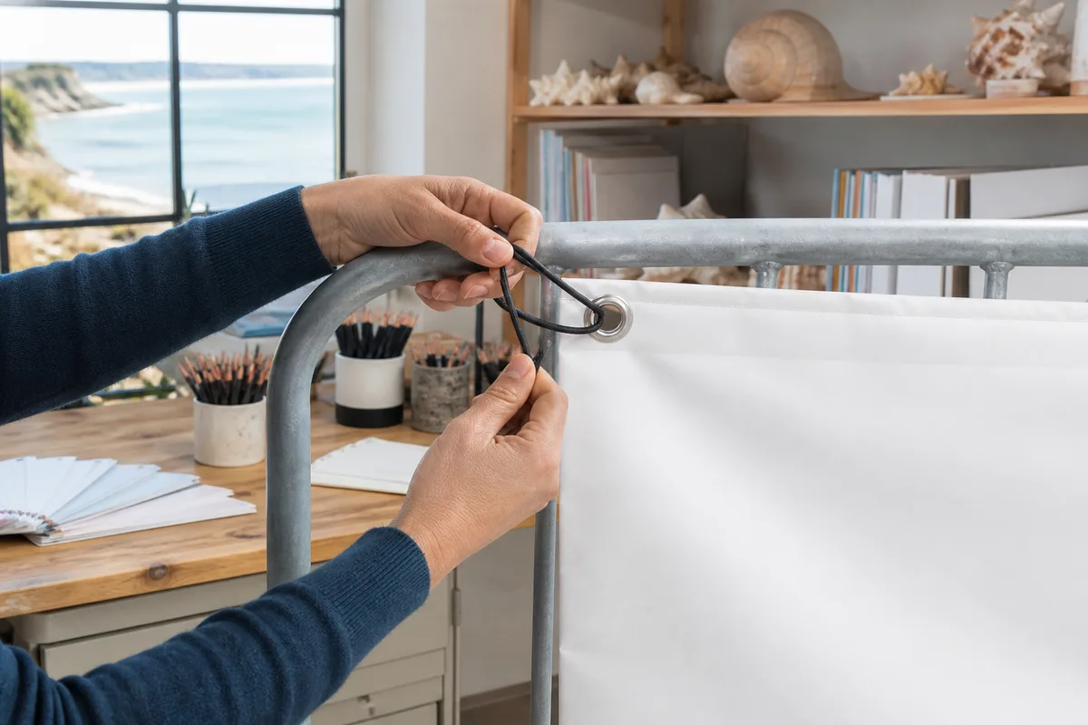 Fixation d&rsquo;une banderole par oeillets et sandows sur une barrière métallique