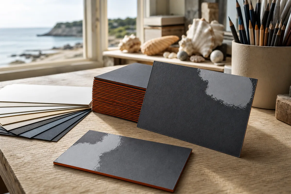 Détail de finitions de cartes de visite : pelliculage mat, vernis sélectif, tranche colorée