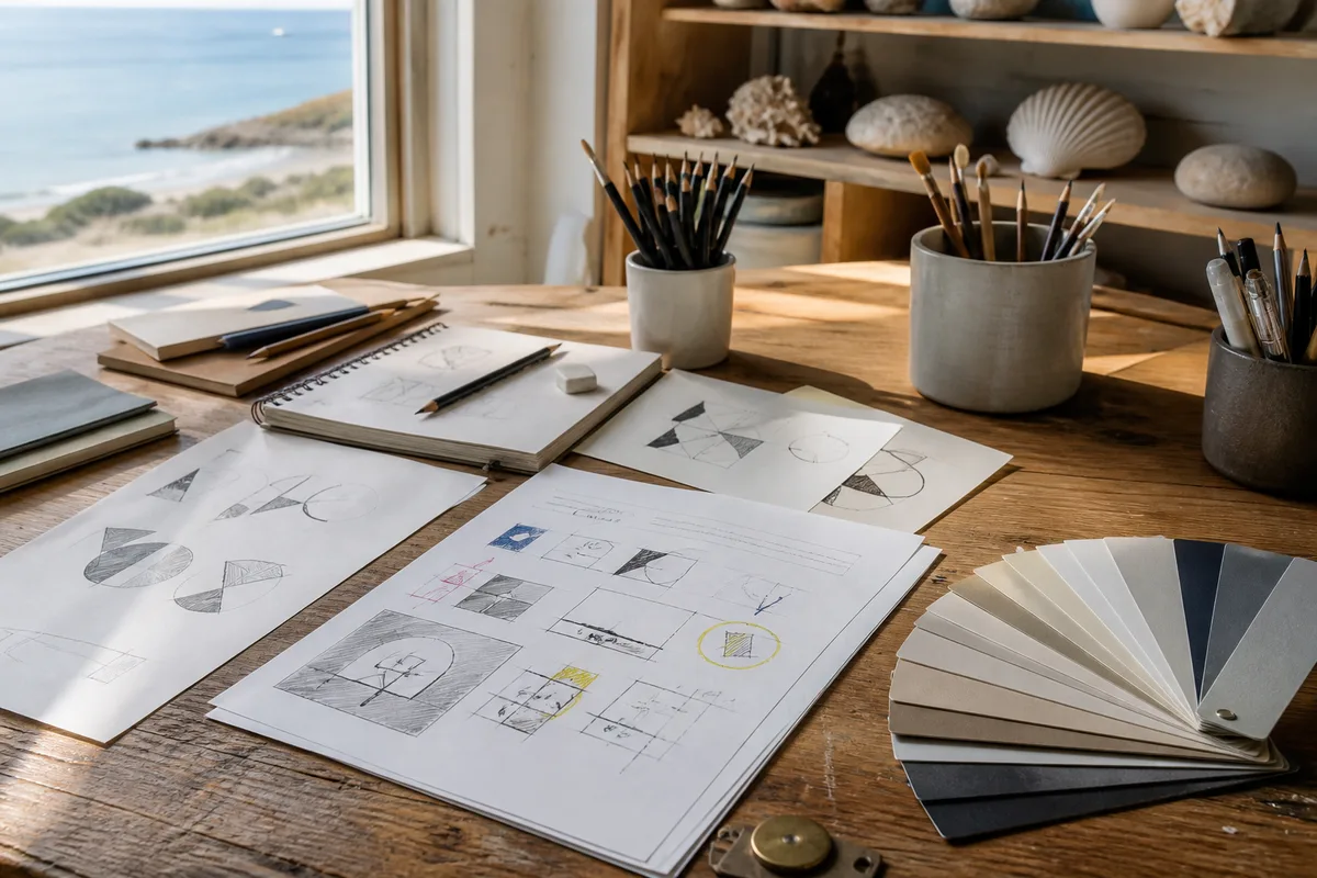 Feuille de brief annotée à côté de croquis préparatoires de logotype