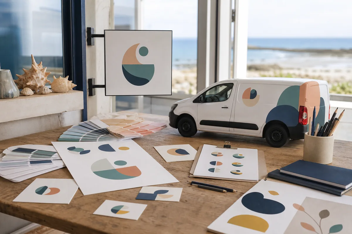 Déclinaisons d&rsquo;un logotype testées sur enseigne, véhicule et papeterie