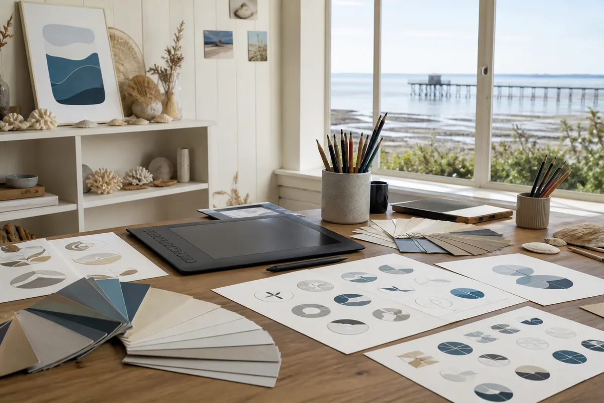 Bureau de graphiste avec tablette graphique, planches de logotypes et échantillons papier
